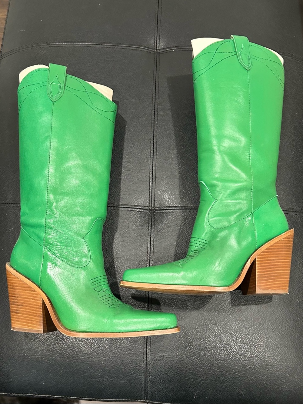 L'INTERVALLE Green Leather Western Block Heel Boots
